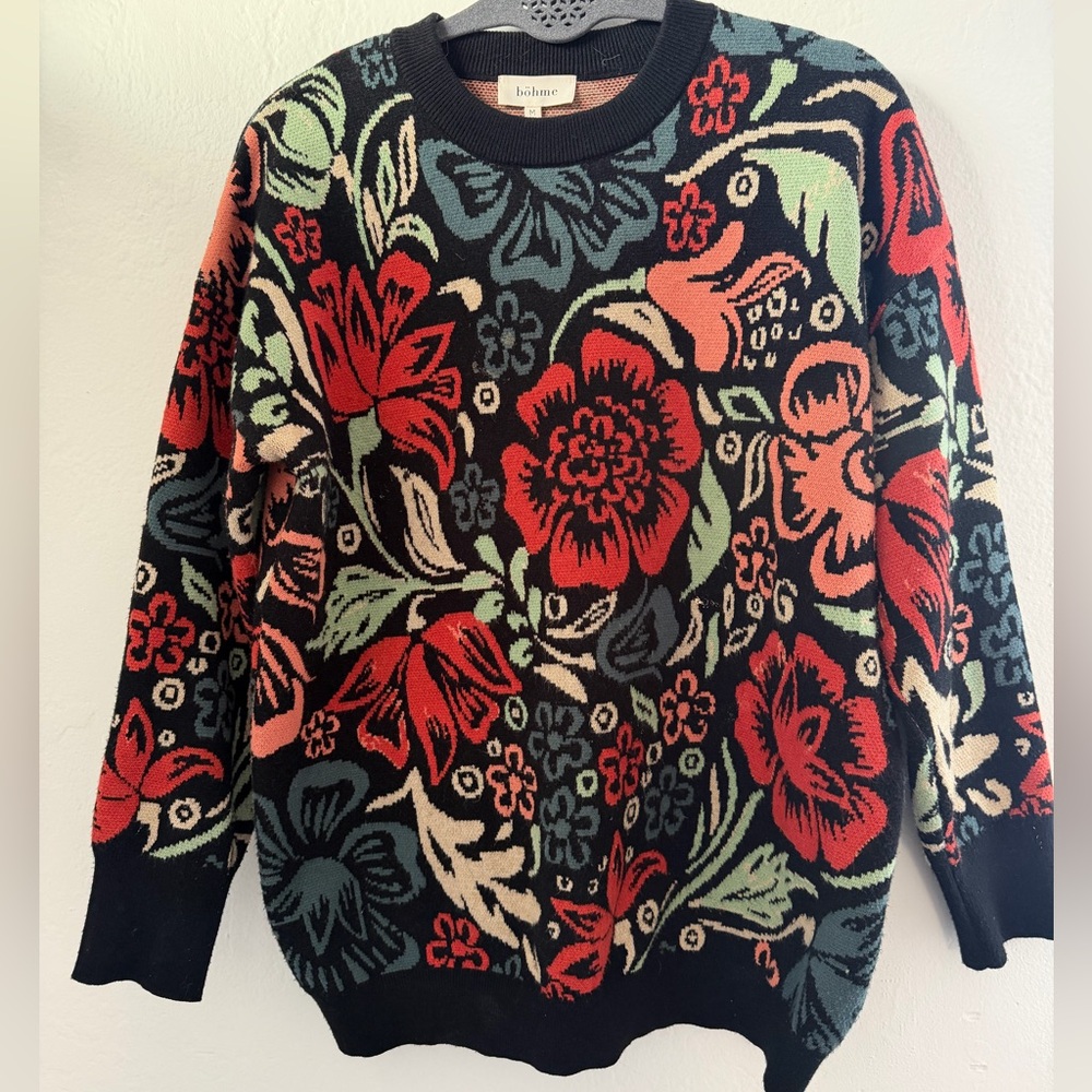 Böhme Floral Intarsia Knit Crewneck Sweater Black Red Teal Size Medium